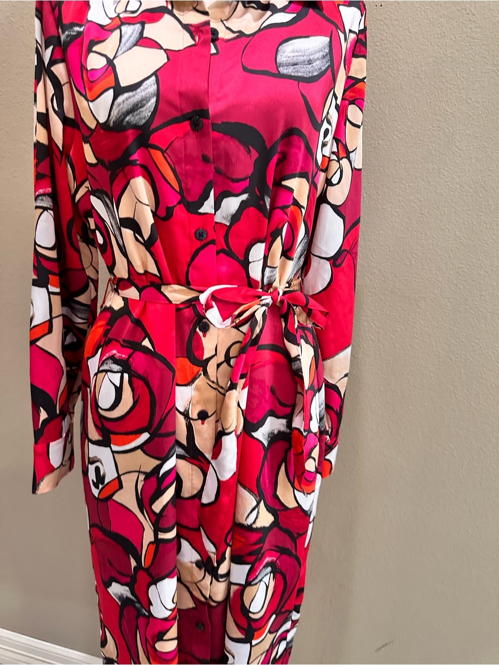 Chicos Shirt Dress Bold Pink Floral Shirt Dress with Tie Waist Small - Picture 5 of 16